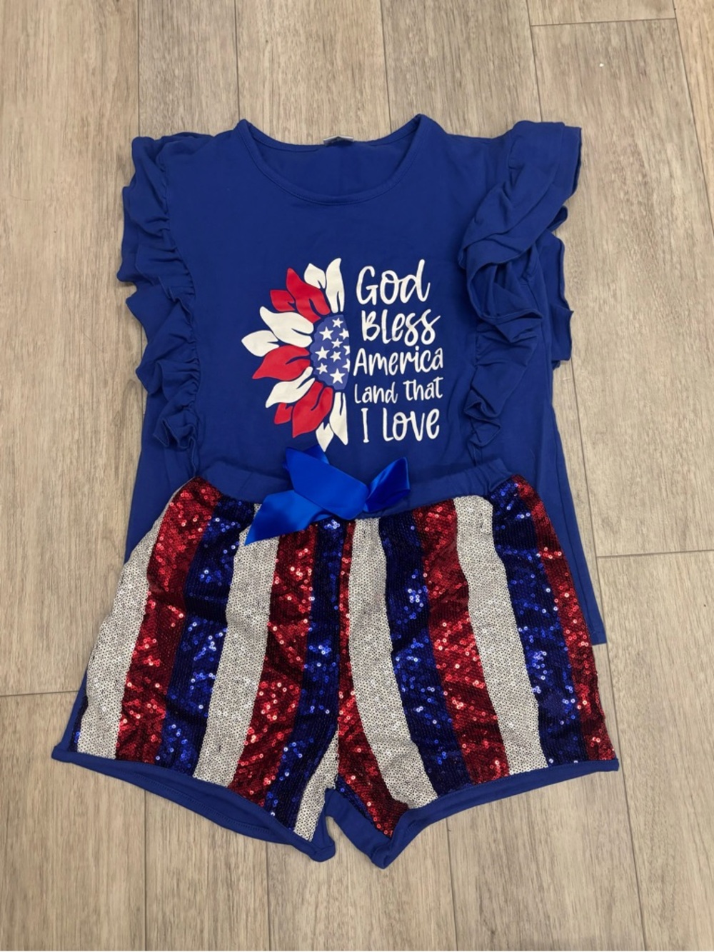 Girls Blue 'God Bless America' Ruffle Sleeve Matching Set